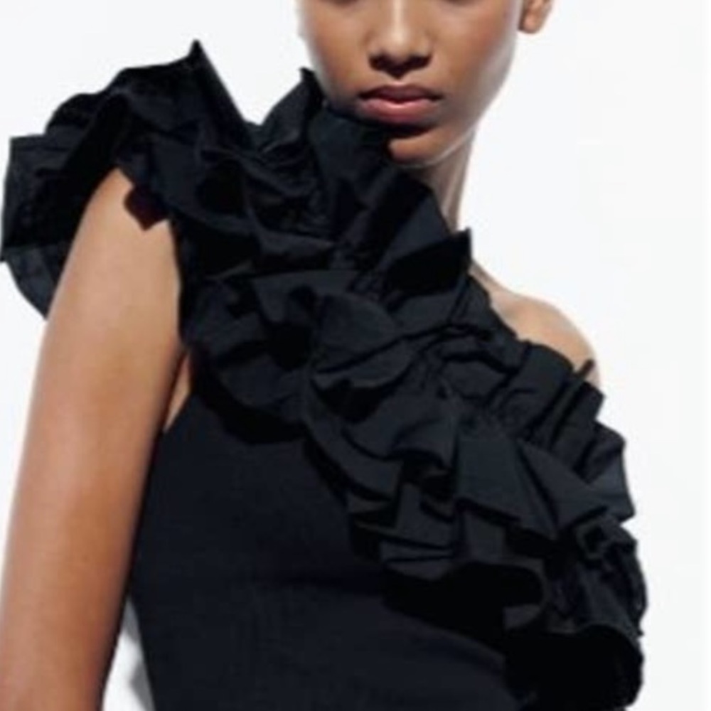 Zara Black Asymmetrical Ruffle Neckline Ribbed Mini Dress - Picture 15 of 16